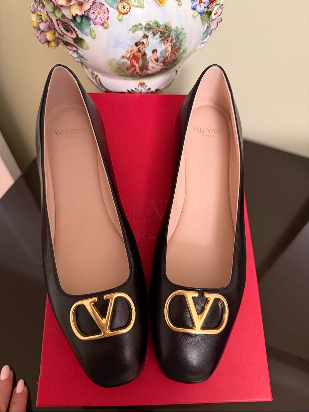 Valentino Black Leather Ballet Flats with Gold V Logo